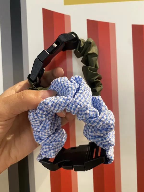 Vichy Blue and Army Green straps held against red stripes